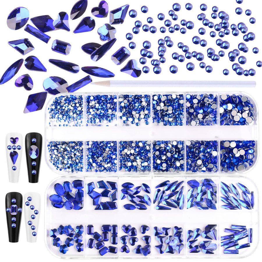 2 Box Flat Back Blue Rhinestones For Nails Multi Shapes Big Nail Crystals Diamonds For Nails Nail Rhinestones 3d Nail Charms Stones For Nails Nail Art Rhinestones Sapphire Nail Gems Nail Art