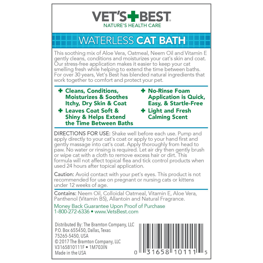 Vet's Best Waterless Cat Bath, No Rinse Waterless Dry Shampoo for Cats, Veterinarian Formulated Cat Shampoo, Kitten Shampoo, 4 oz
