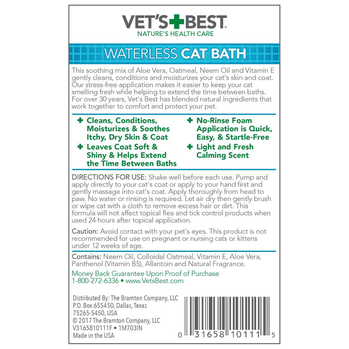 Vet's Best Waterless Cat Bath, No Rinse Waterless Dry Shampoo for Cats, Veterinarian Formulated Cat Shampoo, Kitten Shampoo, 4 oz