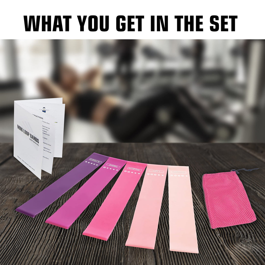 Mini Loop Resistance Bands,5 Different Levels Exercise Bands,Perform Better , for Home or Gym Workouts with Instruction Guide and Carry Bag