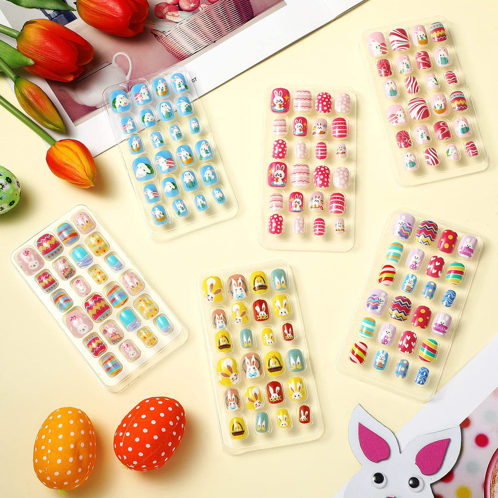 144 Pieces 6 Boxes Kids Easter False Nails Press on Pre Glue Full Cover Children Short Fake Nails False Fingernails for Easter Holiday Girls Nail Art Decoration (Animal Series)