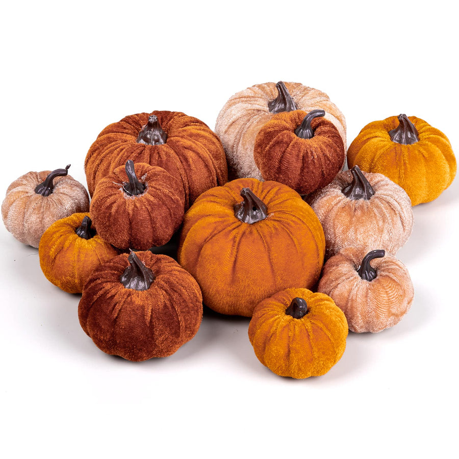 12Pcs Fall Artificial Pumpkins 3 Sizes Fake Velvet Pumpkin Orange Brown Khaki Small Foam Pumpkin Autumn Table Centerpiece for Fall Harvest Thanksgiving Halloween Party Decoration