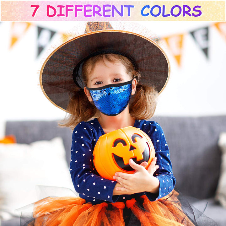 7 Pieces Kids Sequin Glitter Mask Children Crystal Sequin Face Covering Masquerade Face Covering Glitter Reusable Washable Face Covering for Kids