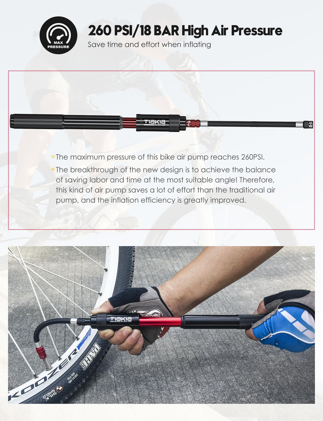 Mini Bike Pump,Portable Compact Bicycle Pump,High Pressure Frame Pump 260PSI- Air Hand Pump Fit Presta, Schrader & Woods Valves,Aluminum Alloy Durable Tire Pump for Road/Mountain/BMX Bikes