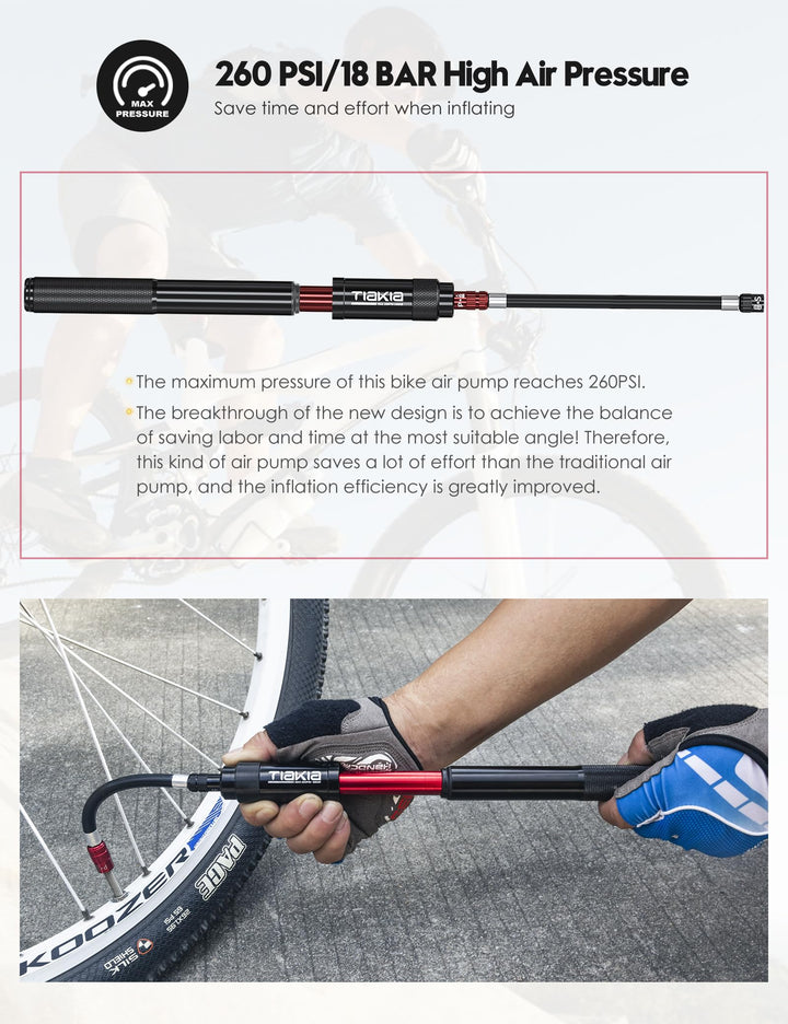 Mini Bike Pump,Portable Compact Bicycle Pump,High Pressure Frame Pump 260PSI- Air Hand Pump Fit Presta, Schrader & Woods Valves,Aluminum Alloy Durable Tire Pump for Road/Mountain/BMX Bikes