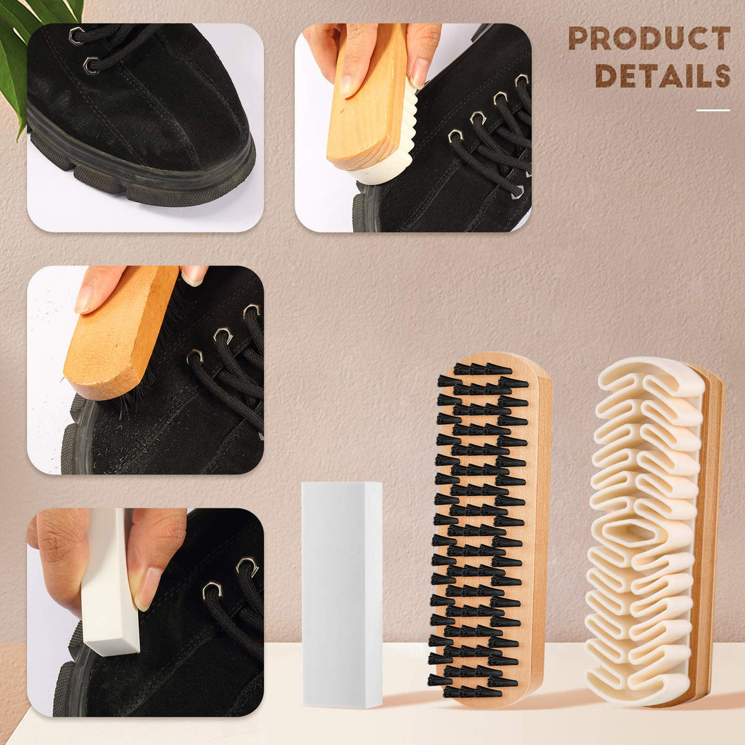 6 Pieces Suede and Nubuck Brushes Kit Includes 1 Bristle Brush, 1 Crepe Suede Brush, 1 4-Way Shoe Brush, 2 Suede Erasers and 1 Microfiber Buffing Cloth for Cleaning Leather Shoes, Boots, High Heels