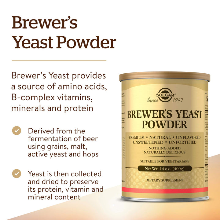 Solgar Brewer's Yeast Powder, 14 oz - Rich Source of Amino Acids, B-Complex Vitamins, Minerals, & Protein - Natural, Unflavored, Unsweetened - Dairy Free, Vegetarian - 13 Servings (Packaging may vary)