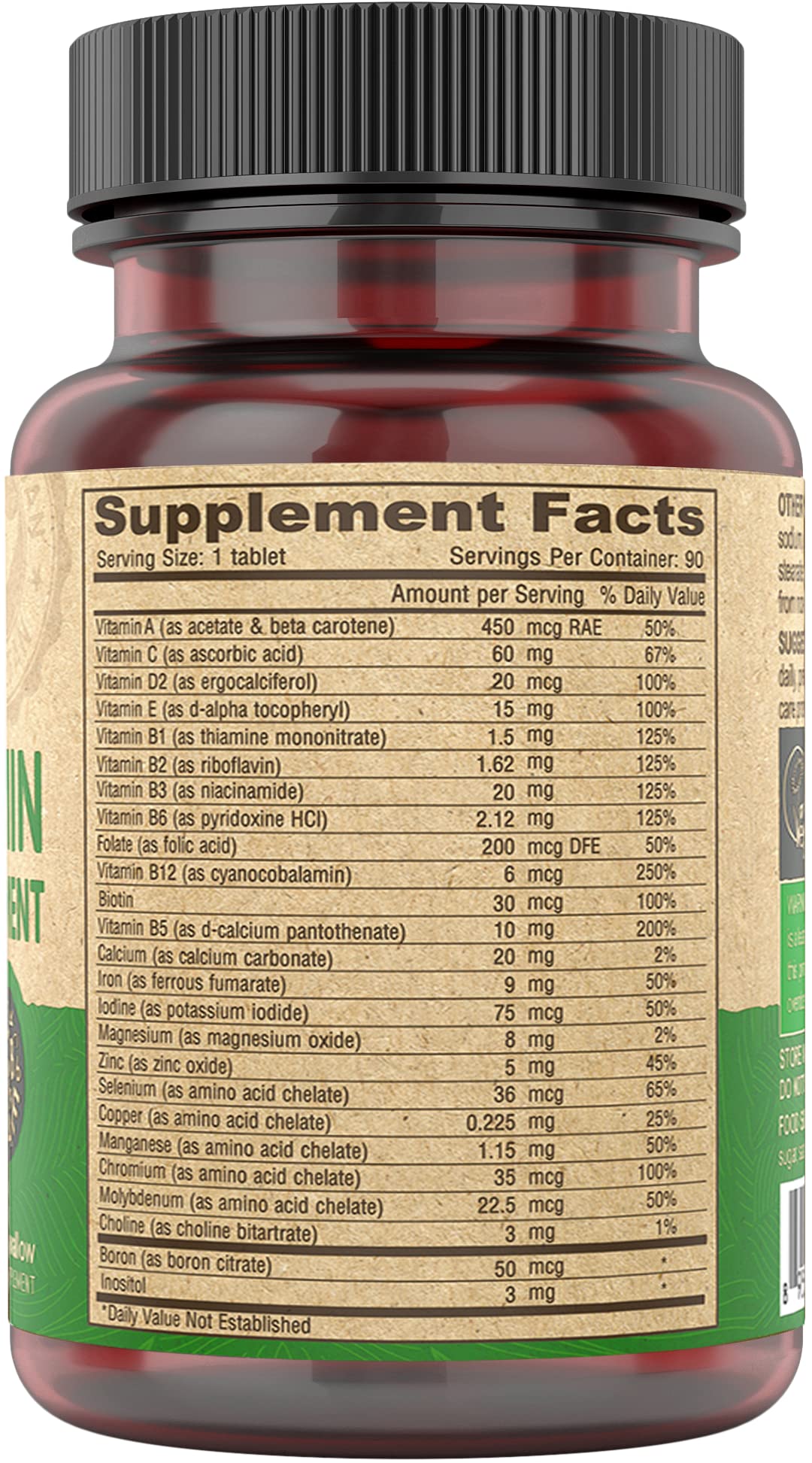Vegan Multivitamin for Women & Men with Iron, Vitamin C, E, B Complex Vitamins, Zinc, 90 Tiny Tablets