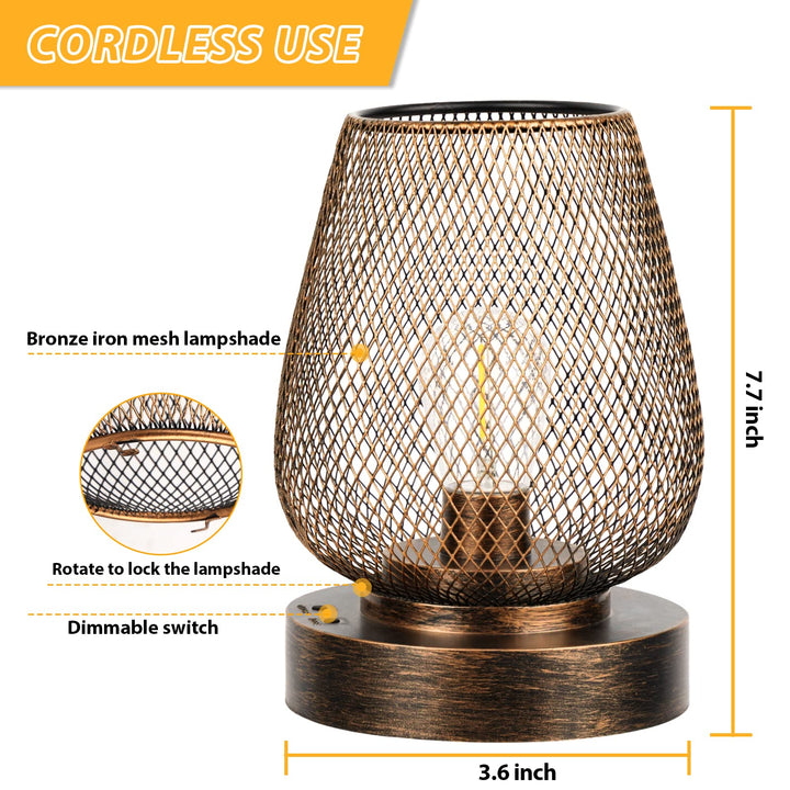 2 Pack Rechargeable Table Lamp Cordless Table Lamp Battery Operated Lights Metal with 4 Lighting Mode Outdoor Lights Cordless Lamp Indoor Patio Bedroom Living Room (Bulb Included) Bronze