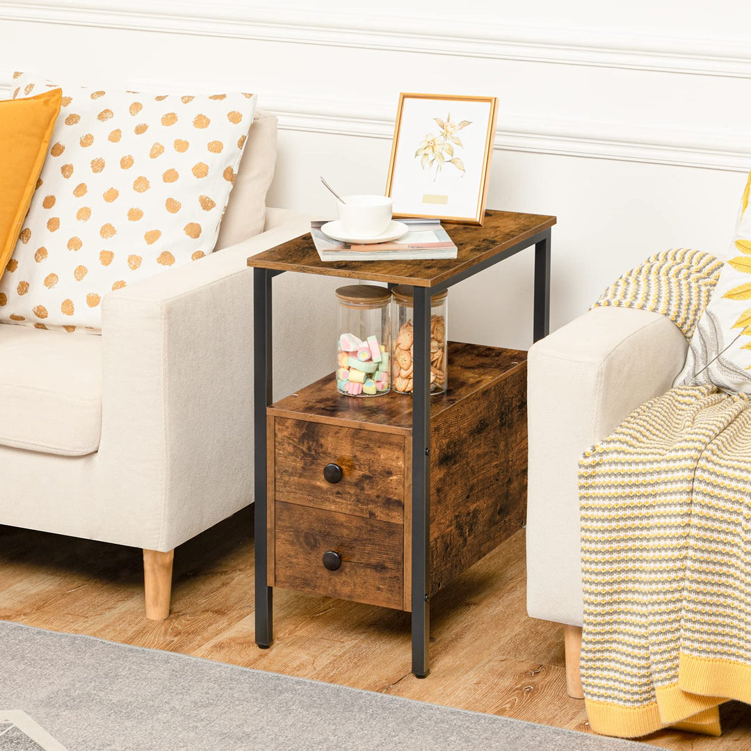 End Table, Narrow Chairside Table with Drawer and Open Storage Shelf, Nightstand for Small Spaces, Stable and Sturdy Construction, Wood Look Accent Furniture, Rustic Brown and Black BF548BZ01G2