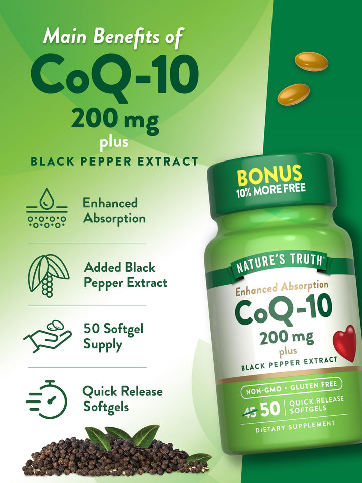 Nature's Truth CoQ10 200 mg Softgels | 50 Count | Enhanced Absorption Supplement | Plus Black Pepper Extract | Non-GMO, Gluten Free