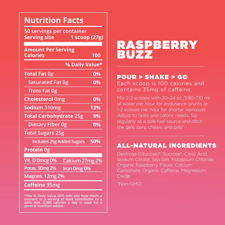 Endurance Fuel, Electrolyte & Hydration Sports Drink Mix Powder with Caffeine, Gluten-Free, Vegan, Raspberry Buzz, 50 Servings (Caffeinated)