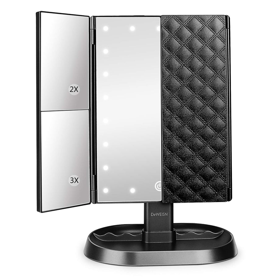 Trifold Lighted Vanity Makeup Mirror with 21 LEDs Lights,1x/2x/3x Magnification and Touch Screen Dimming,Two Power Supplies Makeup Mirror, Gift for Women