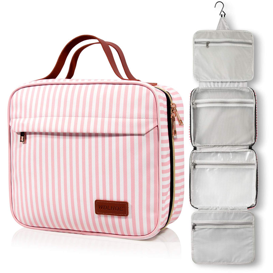 Hanging Travel Toiletry Bag with Hook | Water Proof Zip Bag with 4 Compartments + 2 Outer Zip Pockets | Cosmetic Travel Bag for Toiletries | Travel Essentials for Women & Men (Pink Stripe)