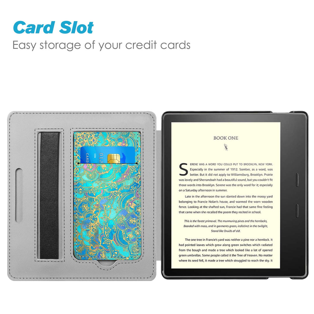 Stand Case for Kindle Oasis (10th/9th Generation, 2019/2017 Release) - Premium PU Leather Sleeve Cover with Card Slot and Hand Strap, Shades of Blue