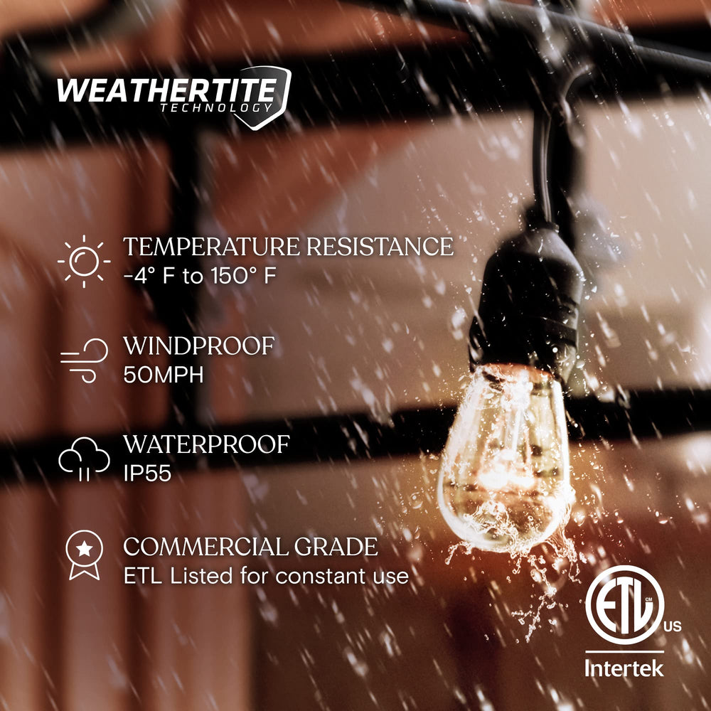 Ambience Pro Outdoor String Lights - Commercial Grade Waterproof Patio Lights with 48 Ft Dimmable Incandescent Edison Bulbs, Porch String Lights for Patio, Backyard - 15 Bulbs 11W