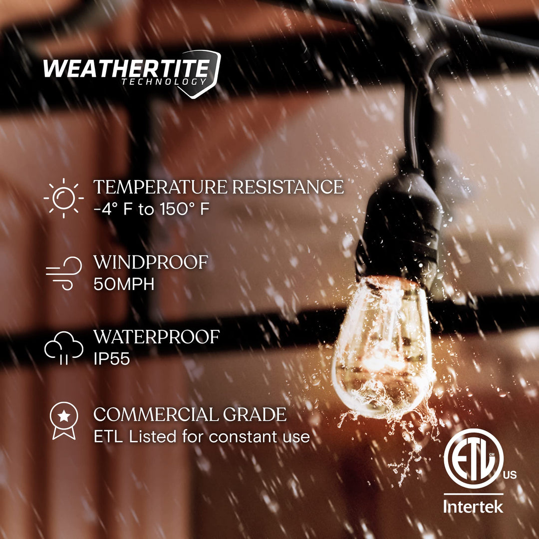 Ambience Pro Outdoor String Lights - Commercial Grade Waterproof Patio Lights with 48 Ft Dimmable Incandescent Edison Bulbs, Porch String Lights for Patio, Backyard - 15 Bulbs 11W
