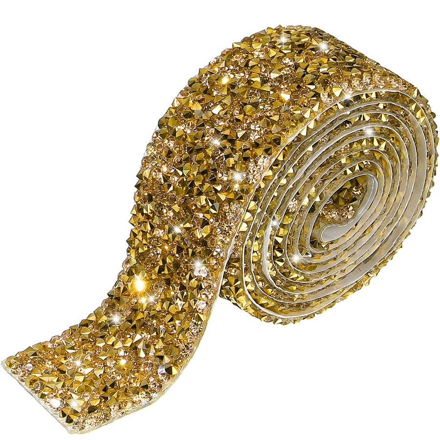 Bling Crystal Rhinestone Ribbon, DIY Self-Adhesive Rhinestone Sticker Ribbon for Wedding Cakes Birthday Crafts Decorations(Gold,1.1 Inch Wide)