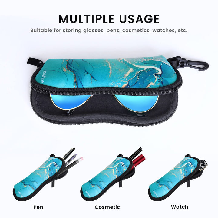 2 Pieces Soft Sunglasses Case,Neoprene Zipper Glasses Pouch,Portable Eyeglasses Bag with Hook for Women Men (Blue&Cyan)