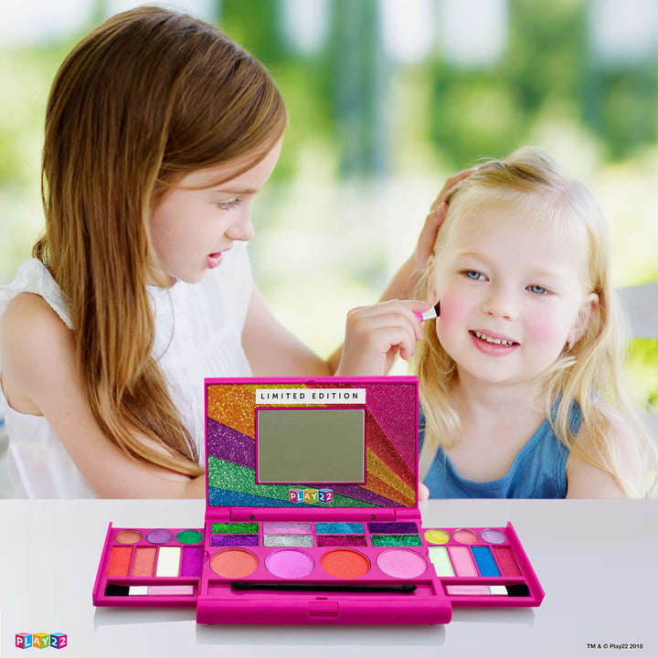 Real Washable Kids Makeup Palette For Girl - My First Princess Make Up Set Include 4 Blushes, 8 Eyeshadows, 6 Lip Glosses, 8 Glitter Glaze, Mirror, Brushes, Eyeshadow Wand - Best Gift