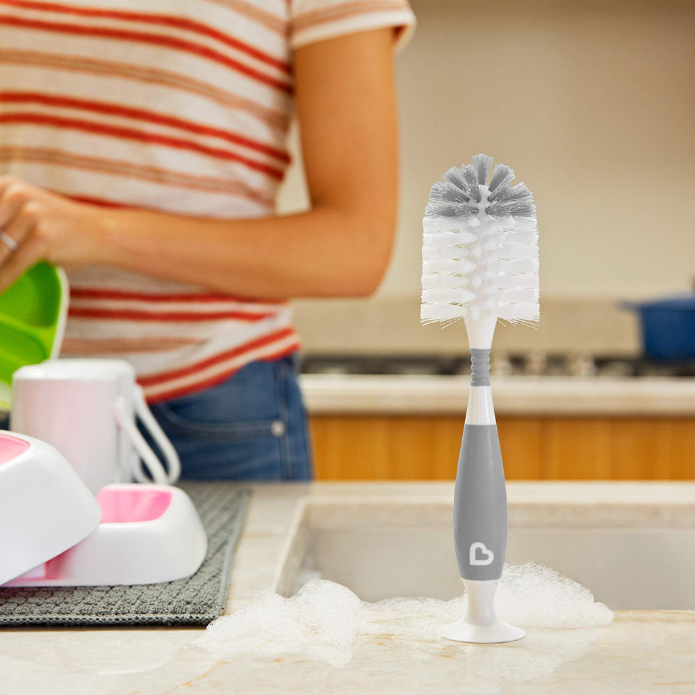 Fold Baby Bottle Drying Rack and Bristle Bottle Brush Cleaning Essentials Set, White/Grey