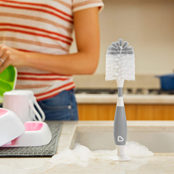 Fold Baby Bottle Drying Rack and Bristle Bottle Brush Cleaning Essentials Set, White/Grey