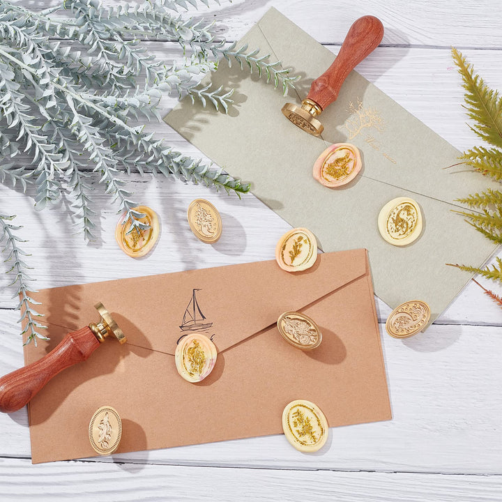 Wax Seal Stamp Set 6PCS Oval Sealing Stamp Heads with 2PCS Universal Wood Handles, 2030mm Brass Stamp Heads Set for Invitations Cards Birthday Gift Decoration