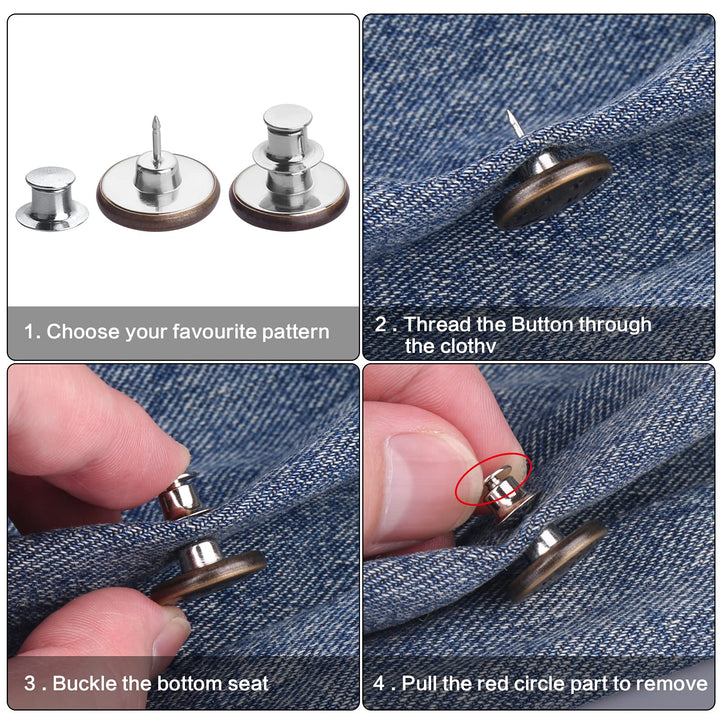 8 Sets Button Pins, Nailing-Free Jean Buttons, 8 Styles Button Pins for Jeans No Sew, Metal Buttons Adds Or Reduces an Inch to Any Pants Waist in Seconds