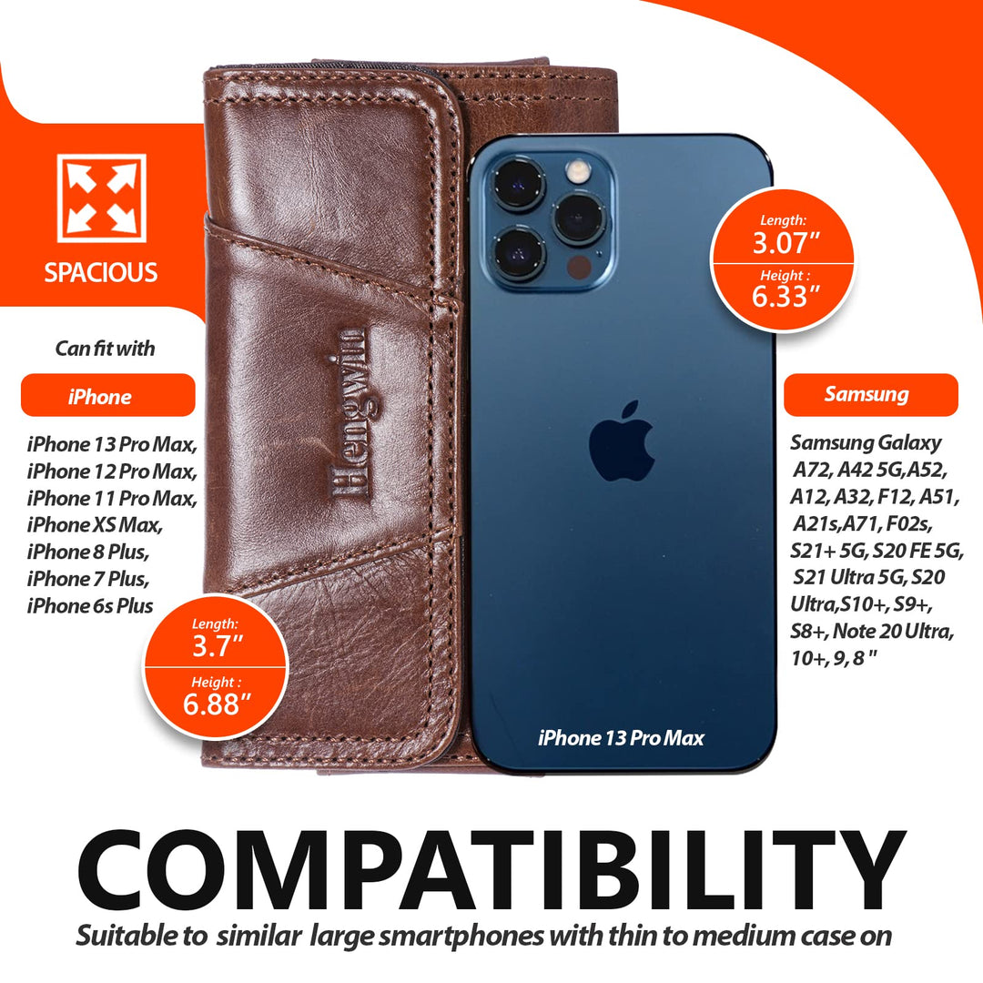 Horizontal Leather Cell Phone Holster with Belt Loop Fits for iPhone 16 Pro Max 15 Plus 14 Pro Max Samsung Galaxy A55 S23 Ultra Note 9 8 Google Pixel 8 Pro Pouch Belt Case Phone Holder (Brown)