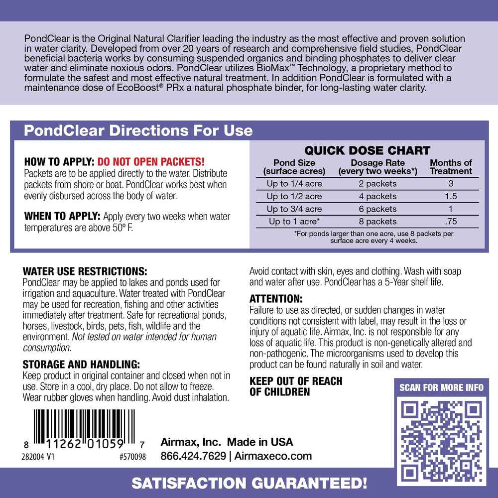 PondClear Packets, Beneficial Bacteria & Enzyme Clarifier Treatment with Ecoboost PRx, Clear & Clean Pond & Lake Water, Safe for Fish, 12-Count