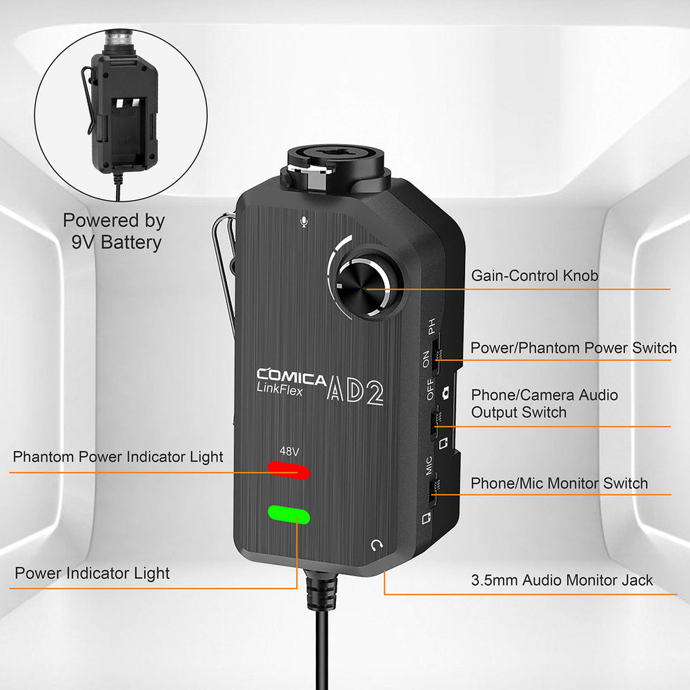 LINKFLEX AD2 XLR/ 6.35mm Audio Preamp Adapter with 48V Phantom Power, Real-time Monitoring, Guitar Interface Microphone Preamp for iPhone, iOS, Android, Tablet and DSLR Cameras
