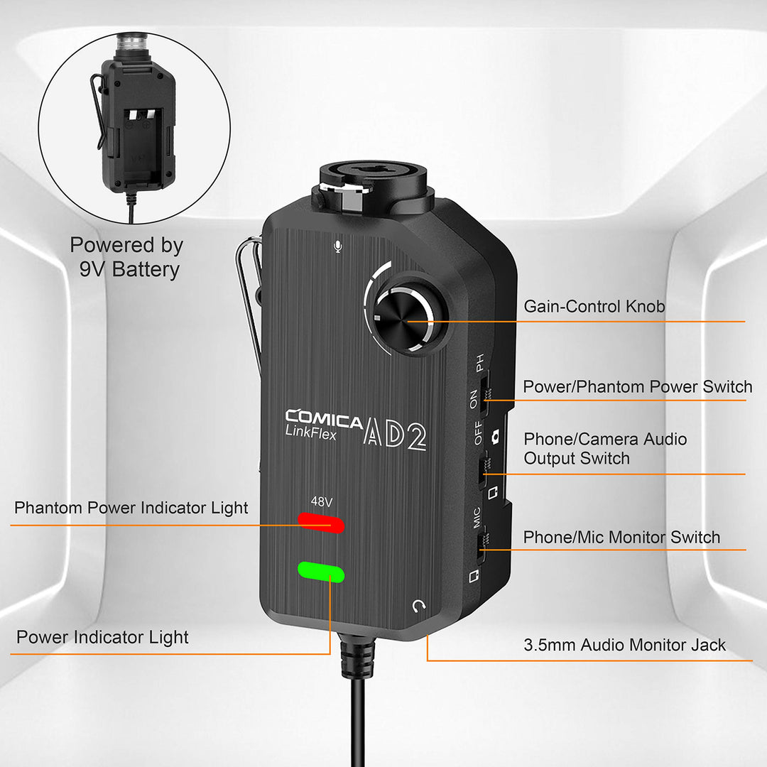 LINKFLEX AD2 XLR/ 6.35mm Audio Preamp Adapter with 48V Phantom Power, Real-time Monitoring, Guitar Interface Microphone Preamp for iPhone, iOS, Android, Tablet and DSLR Cameras
