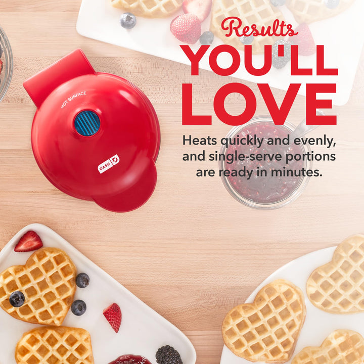 Mini Waffle Maker Machine for Individuals, Paninis, Hash Browns, & Other On the Go Breakfast, Lunch, or Snacks, with Easy to Clean, Non-Stick Sides, Red Heart 4 Inch