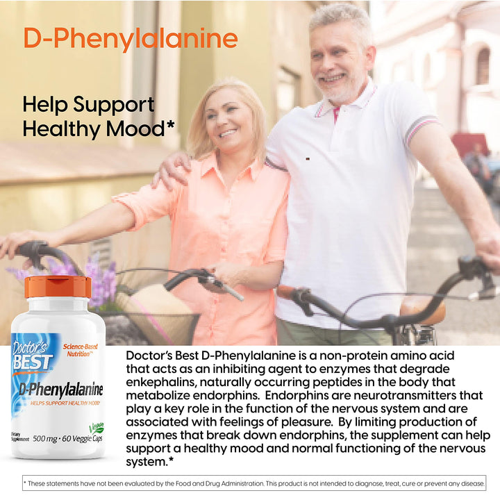 Doctor's Best D-Phenylalanine, Supports Mood, Nervous System, Non-GMO, Vegan, Gluten Free, 500 mg, 60 Veggie Caps