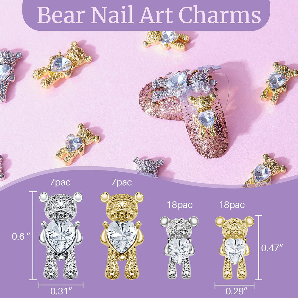 50 Pieces 3D Bear Nail Art Decoration Cute Bear Nail Charm Rhinestone Bear Manicure Decoration Diamond Bear Nail Charm 3D Alloy Nail Art Decoration for Women DIY Nail Art Design, Gold and Silver