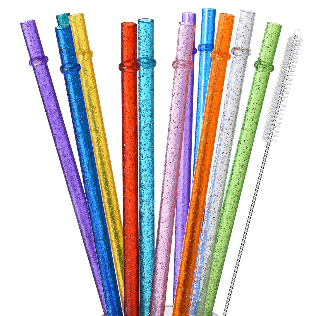 12-Pack Glitter Reusable Clear Plastic Straws, 11 Long Hard Tumbler Drinking Straws with Cleaning Brush (10 Colors)