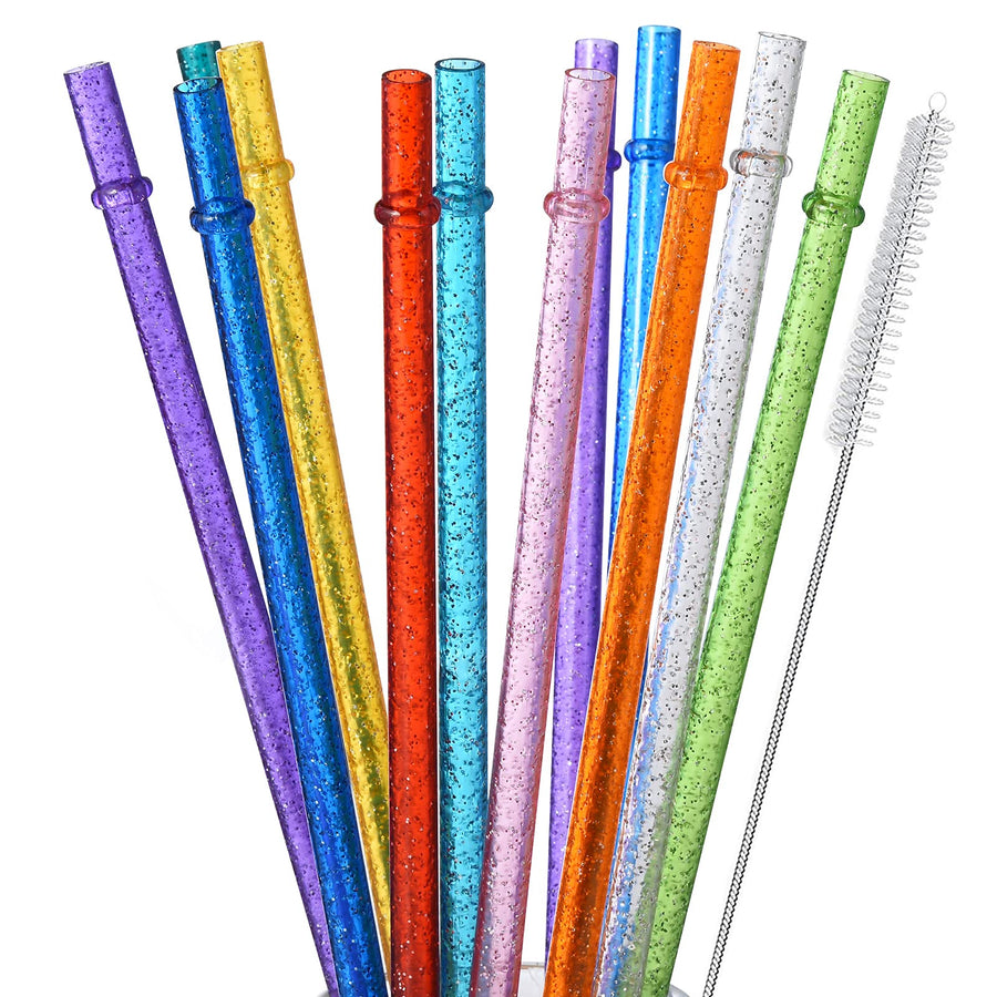 12-Pack Glitter Reusable Clear Plastic Straws, 11 Long Hard Tumbler Drinking Straws with Cleaning Brush (10 Colors)