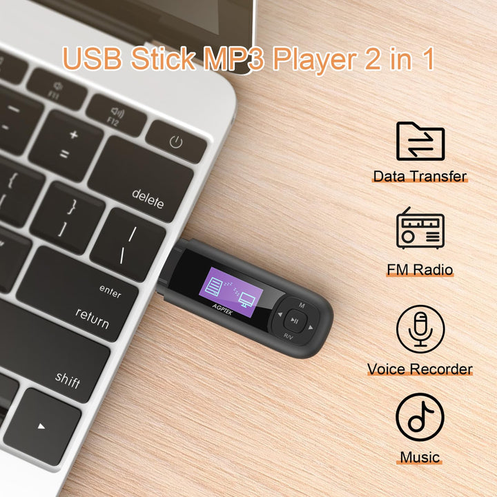U3 USB Stick Mp3 Player, 8GB Music Player Supports Replaceable AAA Battery, Recording, FM Radio, Expandable Up to 128GB, Black