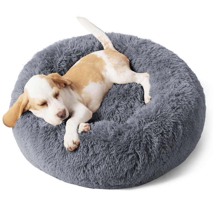 Calming Dog Bed for Small Dogs - Donut Washable Small Pet Bed, 23 inches Anti-Slip Round Fluffy Plush Faux Fur Large Cat Bed, Fits up to 25 lbs Pets, Dark Grey