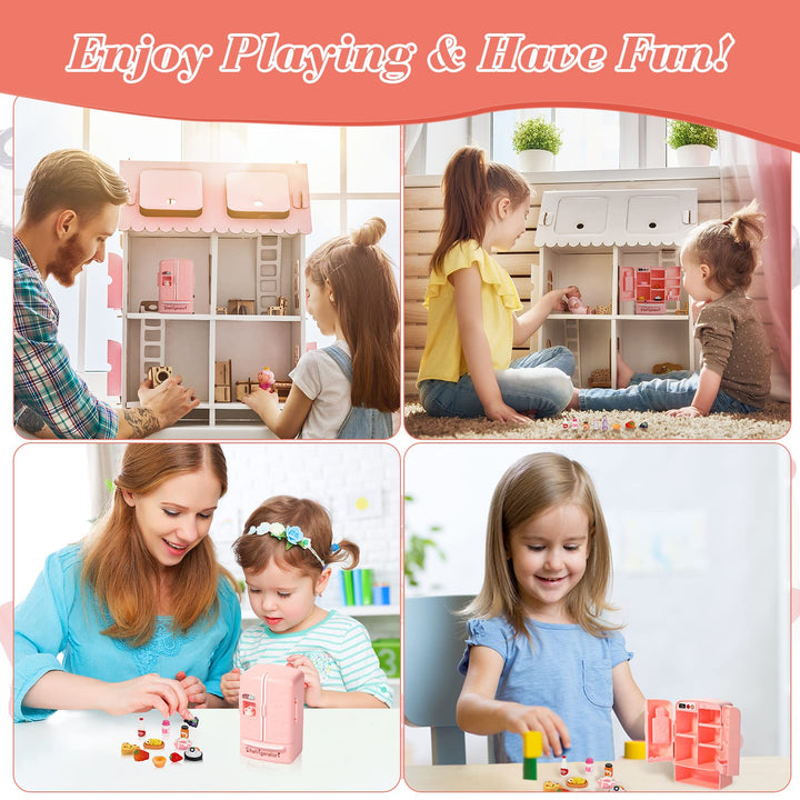 17 Pieces Dollhouse Refrigerator Mini Fridge Toy with Mini Food Set Dollhouse Kitchen Furniture Food Toys Dollhouse Miniatures Kitchen Decorations Bottles Fruit Dessert for Children (Lovely Style)