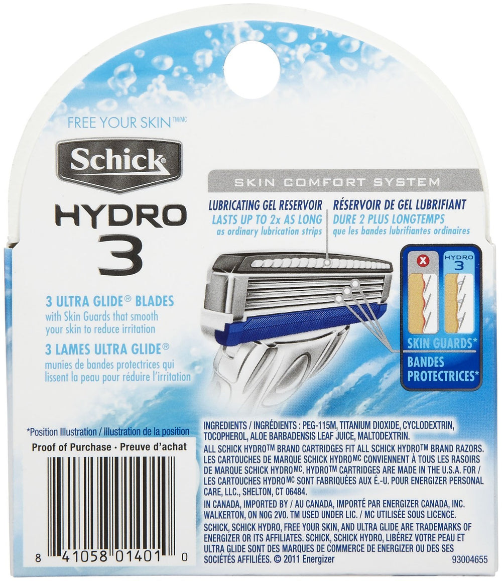 Schick Hydro 3 Blade Razor Cartridge Refill-4 Ct