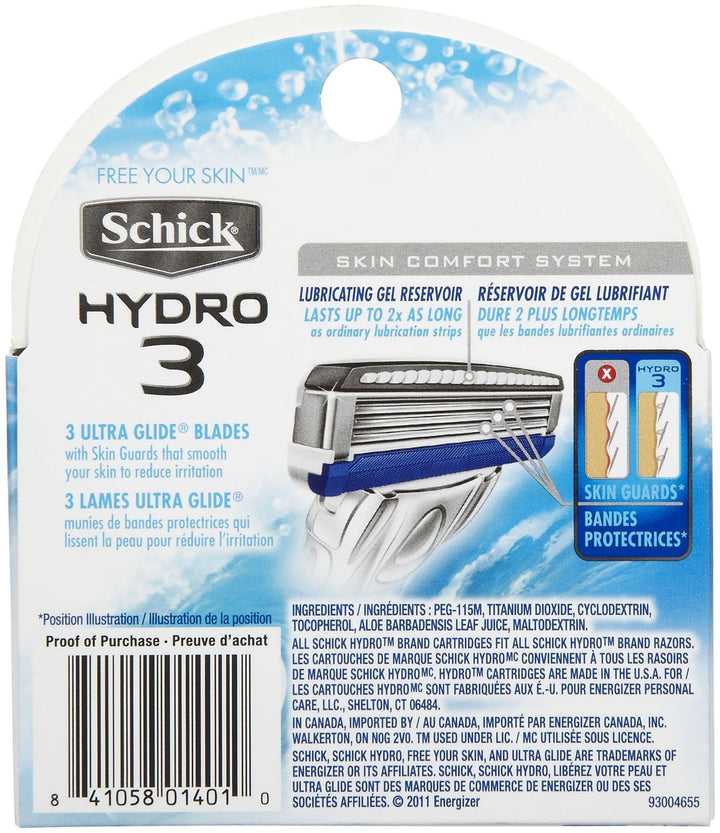 Schick Hydro 3 Blade Razor Cartridge Refill-4 Ct