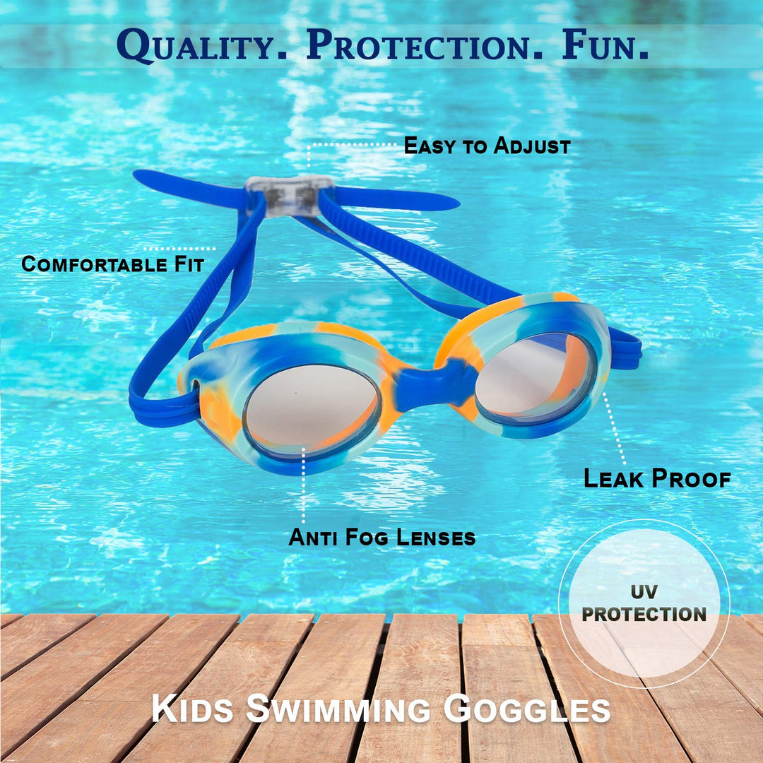 Kids Swim Goggles for Boys and Girls - Adjustable Straps, Silicone Eye Seal, UV Protection and Anti Fog Lenses Swimming Goggle - Blue Tie Dye