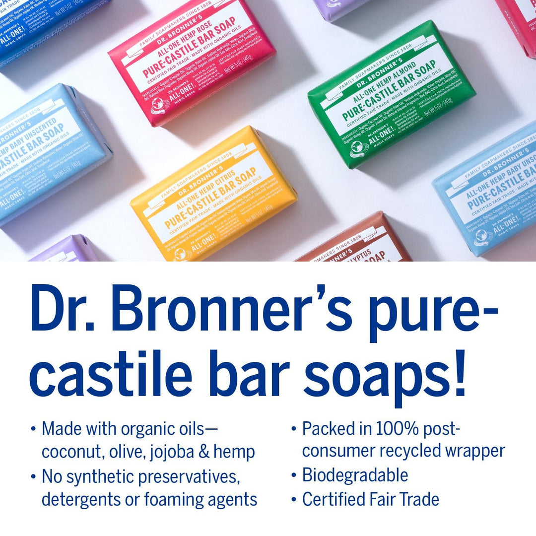 Dr. Bronner's - Pure-Castile Bar Soap (Baby Unscented, 5 ounce, 3-pack) - Made with Organic Oils, For Face, Body, Hair, Gentle for Sensitive Skin, Babies, No Added Fragrance, Biodegradable, Vegan