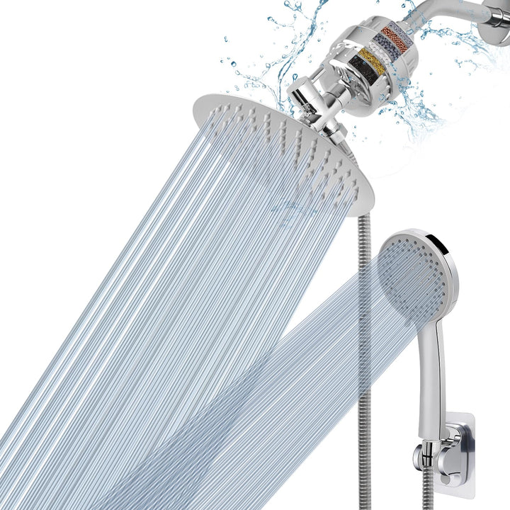 Filtered Shower Head, High Pressure 8Round Rain Shower Head and 5 settings Handheld Shower Filter Combo with Self-adhesive Holder/1.5M Hose -1 Replaceable Filter Cartridge (Chrome Finish)