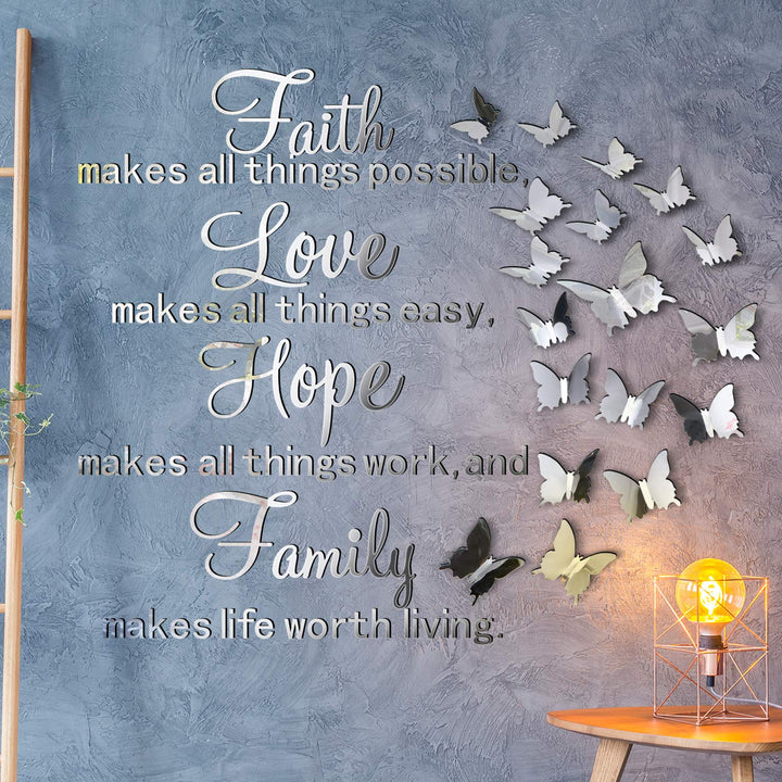 3D Acrylic Mirror Wall Decor Stickers Removable Butterfly Mirror Wall Stickers DIY Faith Makes All Things Possible for Home Office School Teen Dorm Room Mirror Wall Decoration (Silver)