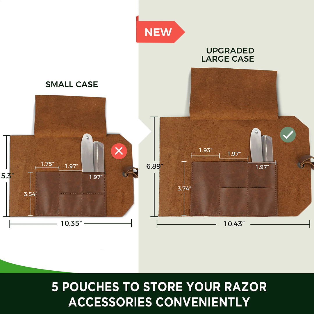Genuine Leather Safety Razor Case, Razor Travel Shave Case with Pouches for Blades, Shaving Kit (Brown)