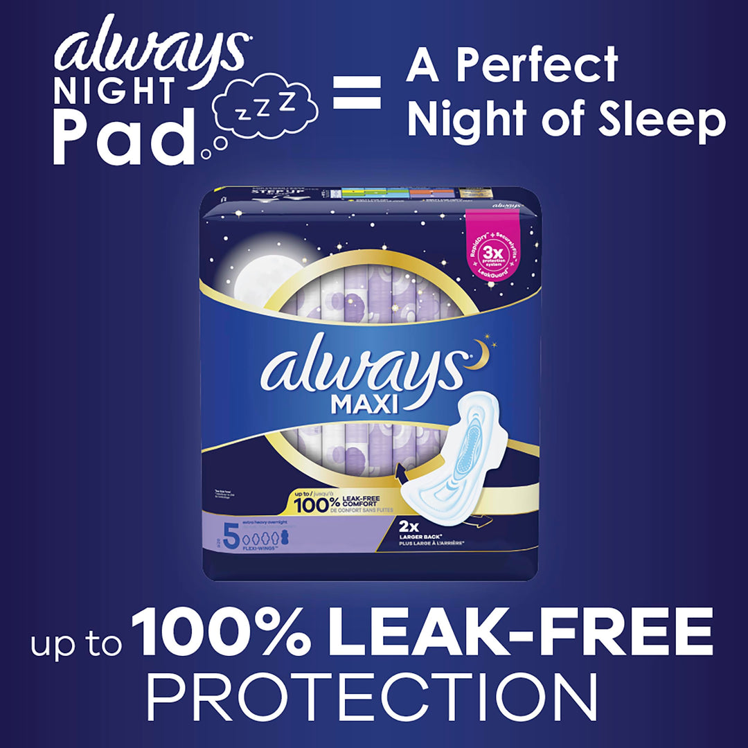 Maxi Feminine Pads For Women, Size 5 Extra Heavy Overnight Absorbency, With Wings, Unscented, Pack Of 20
