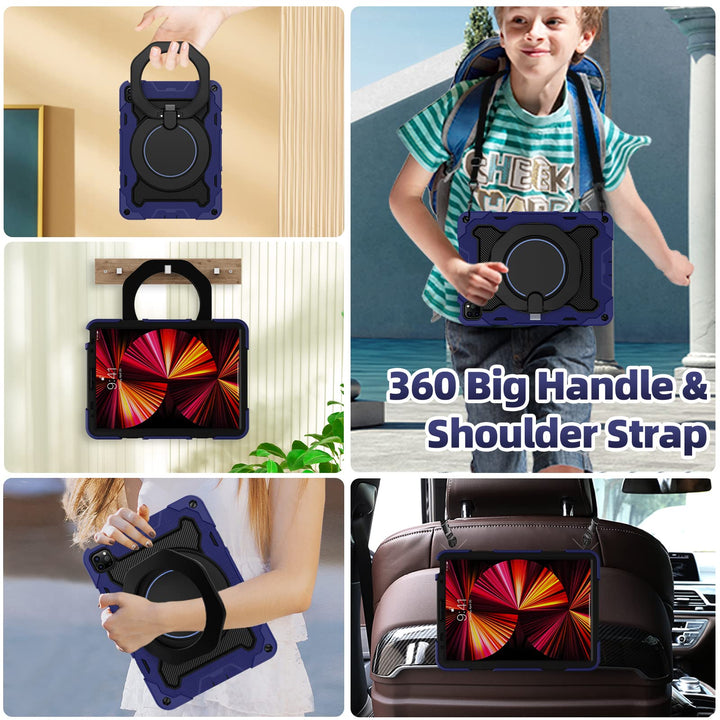 for iPad Air 5th 4th Generation Case 10.9 inch and iPad Pro 11 inch Case 4th 3rd 2nd 1st Gen for Kids (Without Screen Protector), 360 Kickstand Handle Shoulder Strap Case