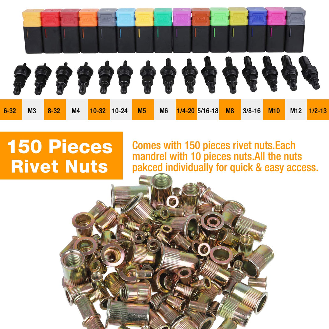 16 Rivet Nut Tool, Rivnut Tool Kit with 15 Metric and SAE Mandrels, Nutsert Rivet Tool Set with 150Pcs Rivnuts